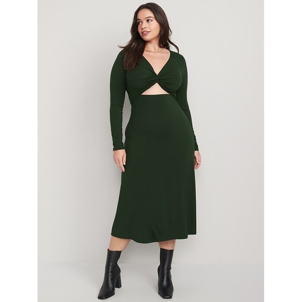 Old Navy NWT Fit & Flare Twist Front Cutout Midi Dress Dark Green 2X Fall Sexy
